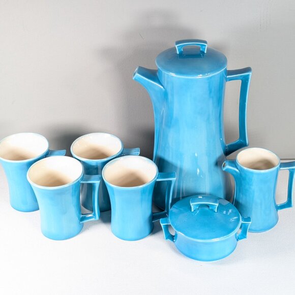 *NOT PERFECT* Turquoise Blue coffee set for 4, hand made ceramic coffee service - Picture 2 of 16